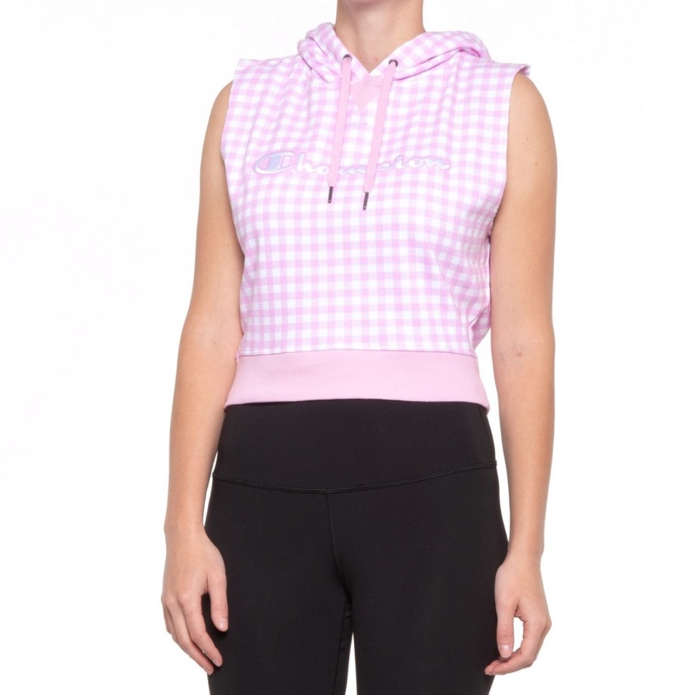 🆕 Champion Campus Crop Hoodie Sleeveless pink & white (86)